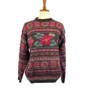90s Le Moda Wool Blend Floral Sweater Womens M Brown Pink
